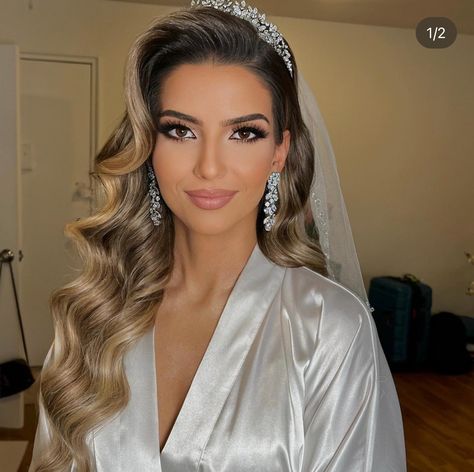 Hair And Makeup Bride, Bridal Tiara With Veil Hair Down, Wedding Hair With Crown Tiaras, Bridal Hair Down With Crown, Bridal Hair With Veil And Tiara, Wedding Hairstyles For Long Hair With Crown, Bridal Headpieces Hair Down, Bride Hair With Tiara, Wedding Hair Tiara And Veil