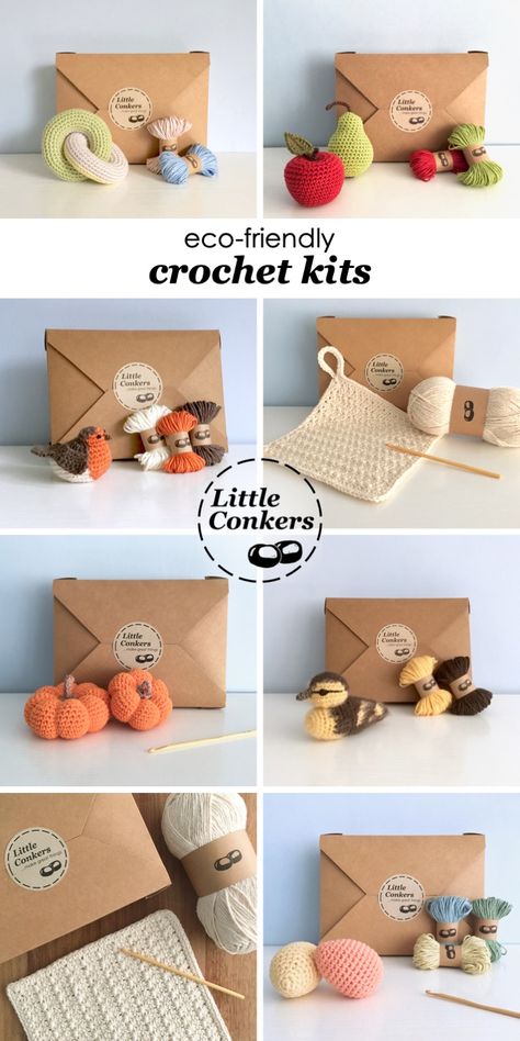 Eco-friendly crochet kits by #LittleConkers. Each #handmade #crochet #kit contains everything you need to complete a successful crochet project with #ecofriendly yarn and materials. Crochet Package Ideas, Craft Kit Packaging, Crochet Packaging Ideas, Diy Kits Packaging, Crochet Packaging, Crochet Woodland, Crochet Store, Crochet Kits, Diy Amigurumi