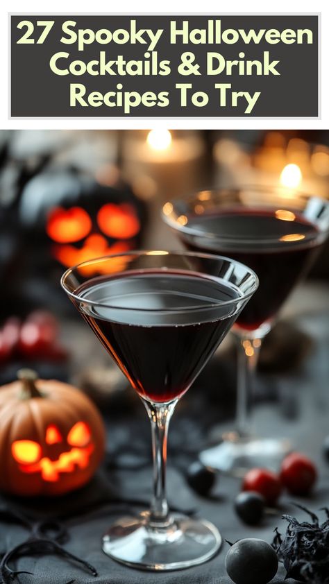 A collection of spooky Halloween cocktails, featuring eerie black martinis and blood-red sangrias, perfect for adding a festive and chilling vibe to a Halloween party. Halloween Drinks Cocktails, Fun Halloween Martinis, Halloween Themed Martinis, Spooky Drinks Alcohol Easy, Spooky Cocktails Halloween Party, Halloween Martinis, Halloween Martini Recipes, Blood Cocktail, Creepy Cocktails