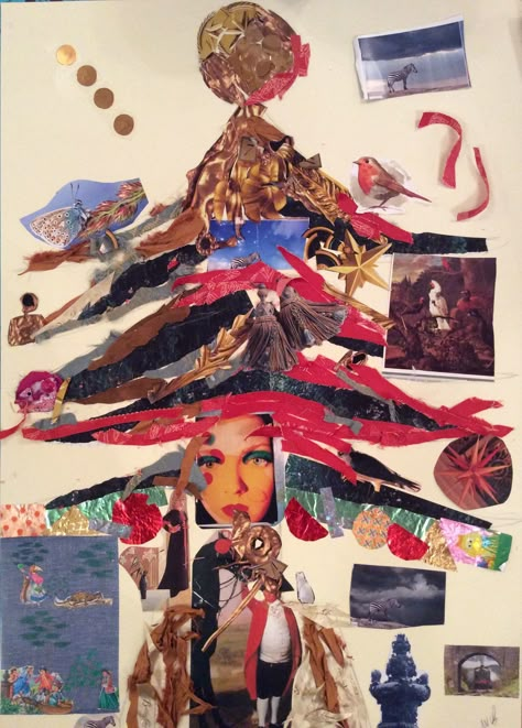 A collage of a Christmas tree that we made together Christmas Tree Collage Art, Collaborative Christmas Tree, Collaged Christmas Cards, Xmas Collage, Brunch Poster, Christmas Tree Collage, Holiday Collage, Photo Collage Christmas Card, Christmas Magazine