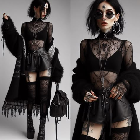 Fishnet Street Style, Rock Outfits Concert, Alternative High Fashion, Alt Fem Outfits, Modern Witch Fashion Casual, Boho Alternative Fashion, Gothic Glam Outfit, Goth Outfit Summer, Goth Women Outfits