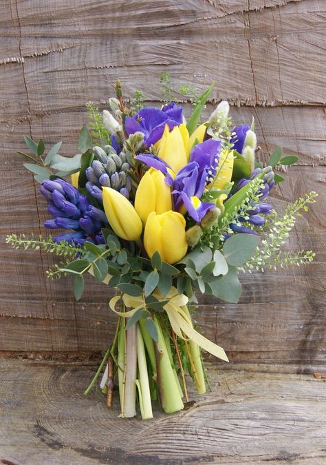 Hand Tied Bridal Bouquet, Wedding Flowers Tulips, Purple Bouquets, Tulip Wedding, Spring Wedding Bouquets, Yellow Bouquets, Yellow Wedding Flowers, Spring Wedding Bouquet, Purple Wedding Flowers