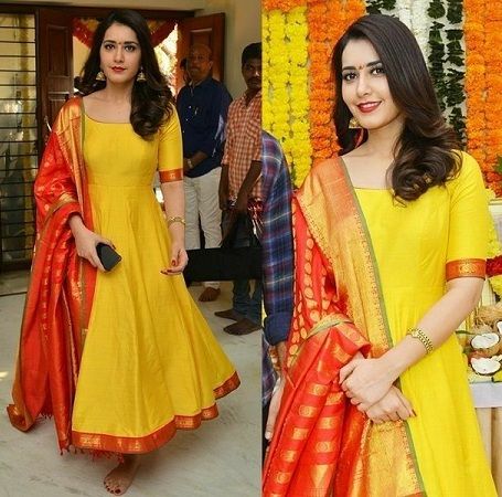 25 Latest Churidar Dress Designs To Look Like a Desi Diva! | Styles At Life Yellow Kurti, Keep Me Stylish, Raashi Khanna, Churidar Designs, Salwar Designs, Long Gown Dress, Long Dress Design, Salwar Kamiz, Indian Gowns Dresses