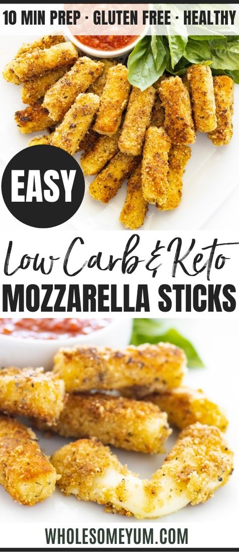 Low Carb Keto Mozzarella Sticks Recipe - A low carb keto mozzarella sticks recipe with a crispy outside and gooey, cheesy inside? YES! Keto cheese sticks need just 6 ingredients - super easy! #wholesomeyum #keto #lowcarb #appetizer #ketoappetizer #lowcarbappetizer #lowcarbsnack Keto Cheese Sticks, Keto Mozzarella Sticks, Mozzarella Sticks Recipe, Easy Low Carb Snacks, Boiled Egg Diet Plan, Keto Cheese, Low Carb Appetizers, Low Carb Sides, Mozzarella Sticks