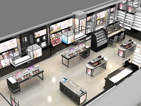 3D cosmetic store design layout, makeup store design ideas Retail Shop Design, Mobile Shop Design, Pharmacy Design, Store Layout, Makeup Store, Shop Layout, Cosmetic Shop, Showroom Design, Retail Store Design