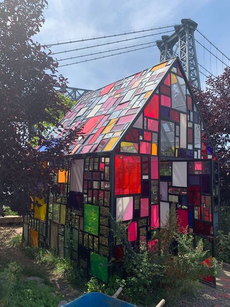 Stained Glass Gazebo, Stain Glass Greenhouse, Stained Glass Greenhouse, Colorful Greenhouse, Stained Glass House, Glass Green House, Earthship, Garden Yard Ideas, Greenhouses