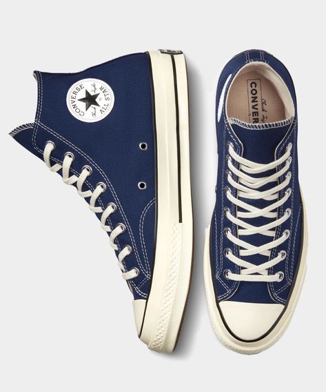 Converse Chuck 70 Hi Midnight Navy - Todd Snyder Converse Bleu, Converse Chuck Taylor 70s, Chuck Taylor 70s, Navy Blue Converse, Blue Shoes Women, Converse 70s, Navy Converse, Converse Chuck Taylor 70, Navy Trainers