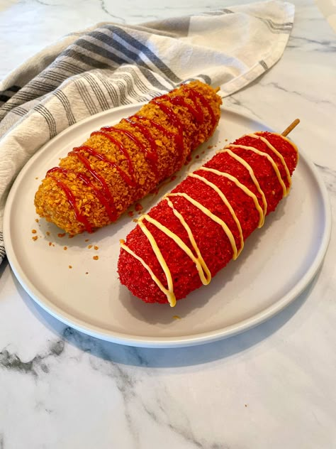 Hot Cheetos Korean Corn Dog, Korean Hot Dog Recipe, Bussin Food, Korean Corn Dog Recipe, Korean Corn Dog, Korean Corn, Corndog Recipe, Spicy Corn, Hot Cheetos