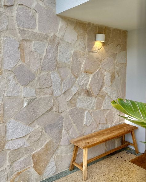 Spotted: Our Loft Irregular Sandstone Walling expertly installed by A Huntley Stoneworks ✨ Stone Feature Wall Exterior, Natural Stone Wall Interior, Stone Wall Interior, Mediterranean Homes Exterior, Stone Feature Wall, Warm Minimalism, Stone Walls Interior, Sandstone Wall, Kb Homes