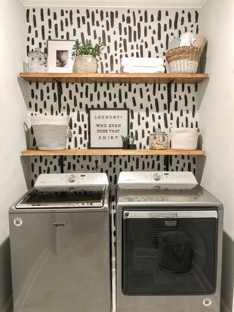 AFFORDABLE & EASY DIY LAUNDRY ROOM MAKEOVER Laundry Room Boho Decor, Small Laundry Room With Shelves, Laundry Room Ideas No Cabinets, Diy Shelf Laundry Room, Diy Home Renovations On A Budget Farmhouse Style, Laundry Room Cheap Makeover, Small Laundry Room Ideas Wire Shelves, Boho Small Laundry Room, Small Laundry Room Open Shelving