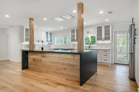 Support Beam In Kitchen Island, Island With Beam Support, Kitchen Island With Beam Support, Kitchen With Columns, Load Bearing Wall Ideas Kitchen, Kitchen Island Ideas With Columns, Kitchen Island With Columns, Custom Built Kitchen, Kitchen Columns