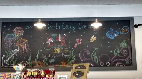 Under the sea theme chalkboard art. Sea Chalkboard Art, Under The Sea Chalkboard Art, Underwater Chalk Art, Ocean Chalkboard Art, Ocean Chalk Art, Birthday Chalkboard Art, Starbucks Chalkboard, Chalk Menu, Calendar Doodles