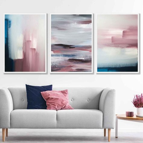 Navy And Pink Bedroom, Pink Grey Room, Bedroom Artwork Ideas, Blue Boho Decor, Pink Wall Art Prints, Navy Lounge, Diy Canvas Frame, Blush Pink Wall Art, Teal Color Palette