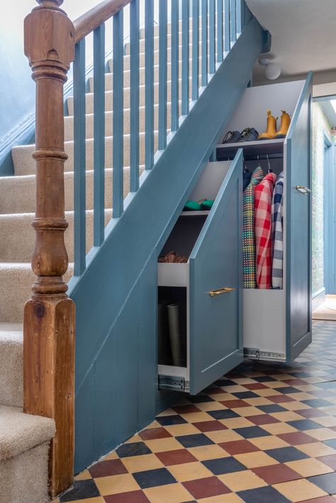 Pull Out shoe and coat cupboards Under Stairs Storage Small Spaces, Understairs Storage Coats, Small Understair Storage, Living Room Coat Storage, Hidden Space Under Stairs, Steps Storage, Under Stairs Shoe And Coat Storage, Under Stair Shoe Storage Ideas, Pull Out Coat Storage