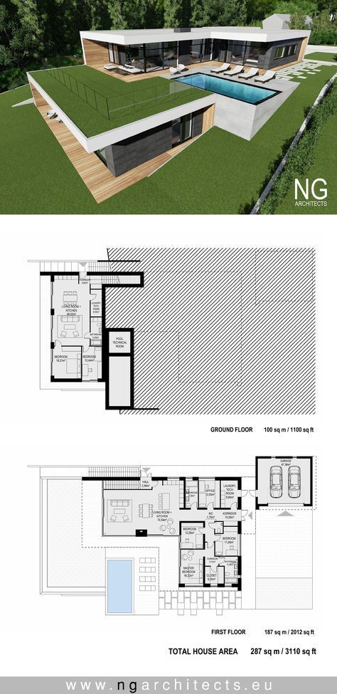 Slope House Design, Diy Tiny House Plans, House With Swimming Pool, Slope House, Door House, Plan Villa, Contemporary Exterior, Villa Plan, Contemporary Farmhouse