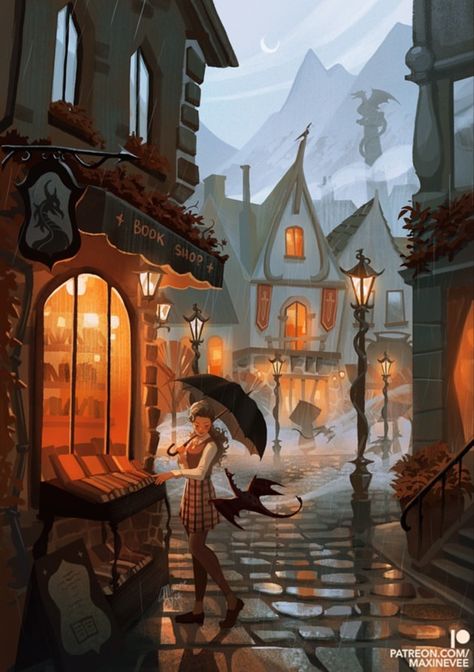 Flamecraft Dragons, Rainy Street, Modern Fantasy, Witch Art, Dessin Adorable, Fantasy Aesthetic, Whimsical Illustration, Dreamy Art, Architectural Elements