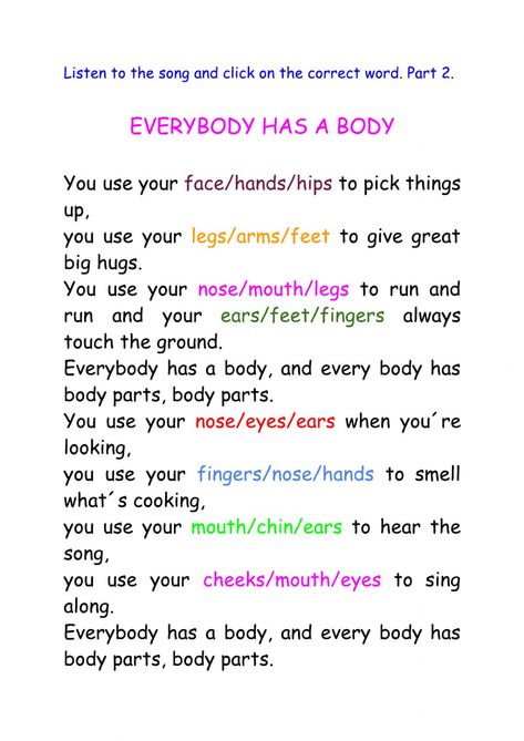 Body Parts For Kids, Emotions Preschool, Reading Comprehension For Kids, Grammar For Kids, English Teaching Materials, The Worksheet, 2nd Grade Worksheets, English Worksheets For Kids, Phonics Kindergarten