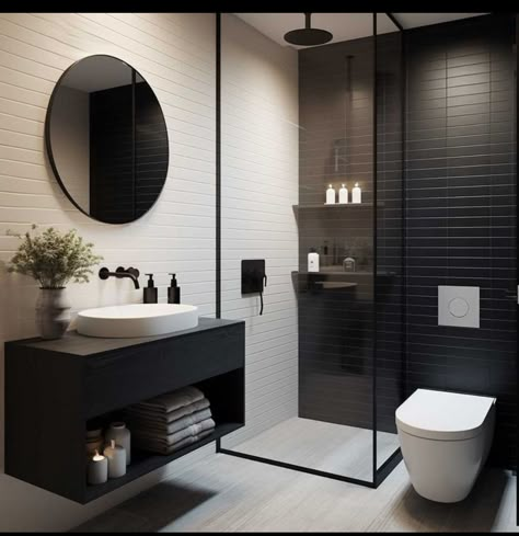 Small Black And White Bathroom, Design Interior Baie, Black Tile Bathrooms, Pool Garage, Cabinets Bedroom, Bathroom Design Black, Black White Bathrooms, Tattoo Garden, Small Bathroom Interior