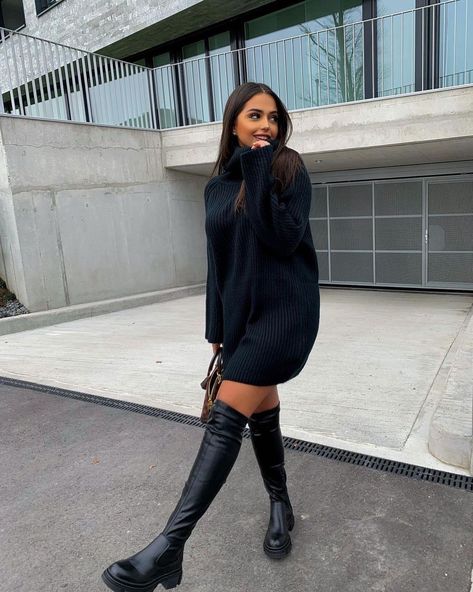 Thigh High Boots Outfit, Over The Knee Boot Outfit, Winter Boots Outfits, Black Boots Outfit, Sweater Dress Outfit, High Fashion Women, Stylish Summer Outfits, Cold Weather Fashion, Causual Outfits