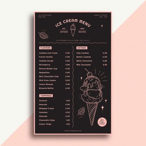 New York Ice Cream, Blackboard Ideas, Blackboard Menu, Draw Ice Cream, Minimalist Restaurant, Ice Cream Menu, Beer Menu, Cookie Toppings, White Chocolate Strawberries