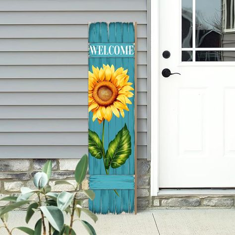 PRICES MAY VARY. Summertime Charm: Welcome the arrival of summer with our delightful porch sign featuring a blooming sunflower on a vibrant blue wooden board. Cheerful Design: The blue hue of the wooden board adds a cozy touch to your porch, while the cheerful sunflower symbolizes renewal and freshness. Perfect Size for Display: Once assembled, the dimensions of the porch sign measure 7.8 inches in width and 31.5 inches in height. Complete with a back rope, it's conveniently designed for hanging Signs For The Porch, Oh Hello Signs For Front Porch, Home Sweet Home Sign Wooden, Diy Porch Signs Ideas, Fall Boards Signs, Door Signs Wooden, Fall Porch Signs, Projects With Wood, Sunflower Stuff