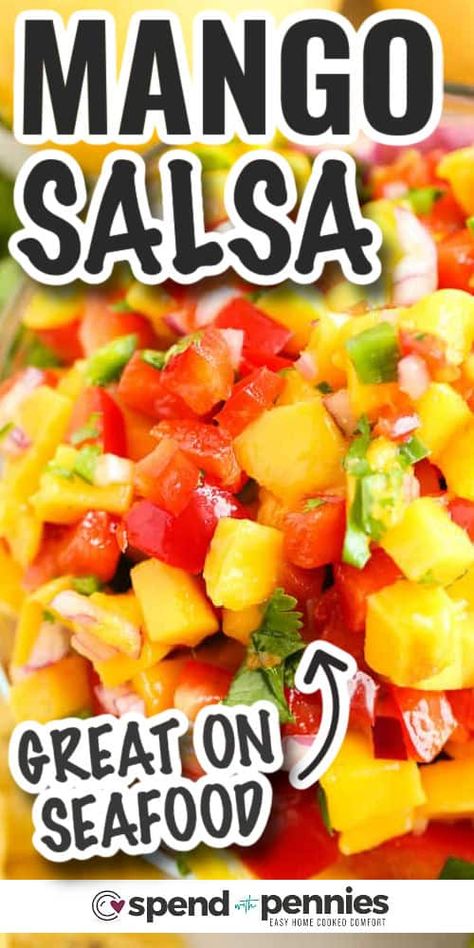 Mango Salsa is the ultimate topping for salmon or fish tacos! This colorful & flavorful salsa is ready in no time and adds the perfect amount of zing to grilled seafood. #mangosalsa #salsa #appetizer #fresh #spendwithpennies Fish Taco Salsa Recipes, Grilled Salmon With Mango Salsa, Mango Sauce For Fish, Mango Salsa Recipe Fish, Mango Salsa Fish, Mango Salsa Tacos, Topping For Salmon, Mango Salsa For Fish, Fresh Mango Salsa Recipe