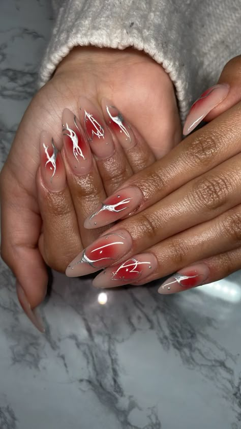 Nude Airbrush Nails, Airbrush French Tip Nails Almond, Airbrush Ombre Nails, Airbrush Red Nails, White Airbrush Nails, Red Nails With Silver Chrome, Almond Nails Airbrush, Red Air Brush Nails, Red Airbrush Nails