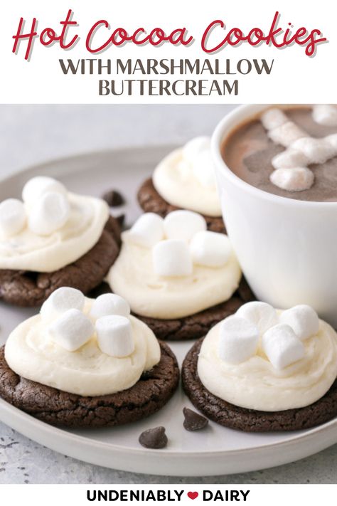 Frozen Hot Cocoa Cookies, Cake Mix Hot Cocoa Cookies, Hot Cocoa Cookies With Marshmallows, Crumbl Hot Cocoa Cookies, Hot Chocolate Marshmallow Cookies, Marshmallow Bits, Marshmallow Buttercream, Hot Cocoa Cookies, Dairy Recipes