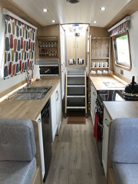 SJT_Galley Narrowboat Kitchen, Boat Renovation, Canal Boat Interior, Boat Cabin, Barge Boat, Narrowboat Interiors, Boat House Interior, Boat Interior Design, Boat Galley