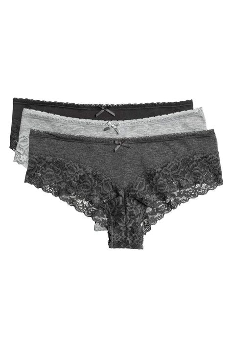 Charcoal gray. Hipster briefs in cotton-blend jersey with lace trim. Low waist, wide sides, and cutaway coverage at back. Lined gusset. Dr Closet, Business Dresses, Bra And Panty Sets, Bra Set, Lingerie Sleepwear, Low Waist, Dream Clothes, Charcoal Gray, Quality Clothing