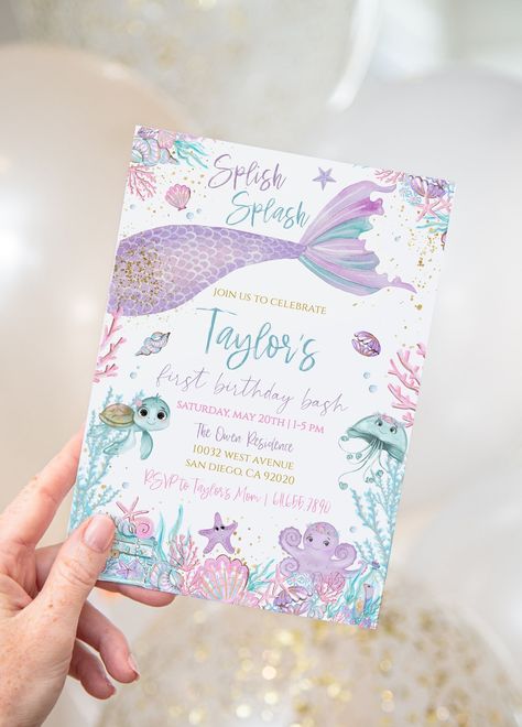 Birthday Party Purple, Mermaid Birthday Party Invitations, Ocean Birthday Party, Rainbow First Birthday, Mermaid Birthday Party Decorations, Mermaid Theme Birthday Party, Rainbow Invitations, Under The Sea Birthday, Mermaid Invitations