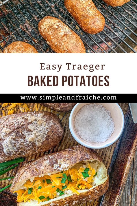 Baked Potato Traeger, Pellet Smoker Baked Potatoes, Potatoes On Traeger Grill, Traeger Smoked Potatoes, Baked Potatoes In Smoker, Pellet Grill Baked Potato, Smoker Baked Potatoes, Potato’s On The Smoker, Smoked Baked Potatoes In Smoker