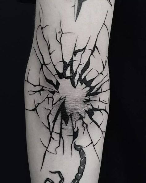 Cracking Tattoo Design, Shackle Tattoo, Shatter Glass Tattoo, Tattoo Cracks, Tattoo Around Elbow, Scary Elbow Tattoo, Broken Glass Elbow Tat, Scary Filler Tattoo, Gap Filler Tattoo