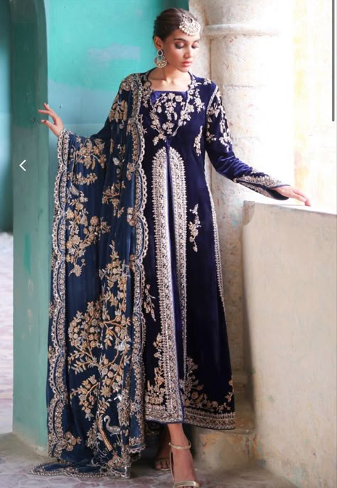 Velvet Dresses Outfit, Nida Azwer, Velvet Dupatta, Traditional Jacket, Neck Designs For Suits, Velvet Dresses, Boutique Dress Designs, Fancy Dress Design, Stylish Dress Book