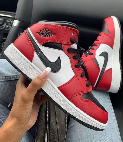 Nike Jordan Chicago, Jordan 1 Rouge, Jordan Rouge, Jordan 1 Mid Chicago Black Toe, Chicago Jordan 1, Air Jordan 1 Mid Chicago, Aj1 Mid, Jordan 1 Mid Chicago, Shoe Aesthetic