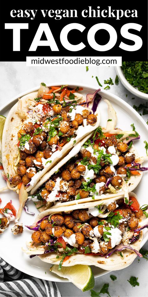 Chickpea Tacos Vegan, Easy Veggie Tacos, Chic Pea Tacos, Garbanzo Bean Tacos, Best Vegan Tacos, Vegitaren Taco Recipes, No Meat Tacos, Mexican Chickpea Recipes, Veggie Tacos Recipes Easy