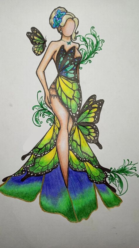 Butterfly Dress Design Sketch, Butterfly Fashion Illustration, Butterfly Dress Sketch, Nature Dress Drawing, Butterfly Dress Drawing, Butterfly Fashion Design, Dress Illustration Art, Fashion Illustration Tutorial, Fashion Illustration Collage