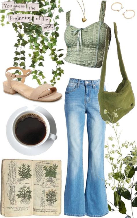 Plant Lady Outfit, Plant Mom Outfit Aesthetic, Plant Aesthetic Outfits, Small Town Outfit Aesthetic, Garden Aesthetic Outfit, Green Witch Aesthetic Outfit, Plant Mom Outfits, Plant Outfits, Plant Mom Outfit