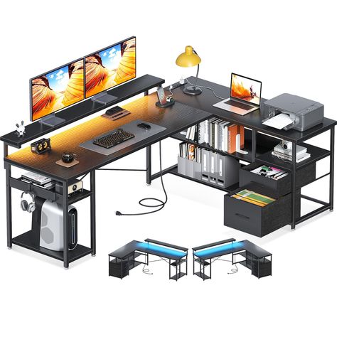 PRICES MAY VARY. 【Sturdy & Stable Structure】: This integrated design home office desk measures 19.7"D x 61"W x 29.5"H. Built with a sturdy metal frame and high-quality MDF board, which is not only long long-lasting usage, but also easy to fit into different spaces. Adding a luxurious look to your workspace. 【Power Outlets & Monitor Stand】: This l-shaped desk has 3 standard outlets and 2 USB ports to easily charge cell phones, laptops, gaming devices, and other office equipment. Making your life L Shaped Gaming Desk, L Shaped Desk With Storage, Two Person Desk, Office Desk With Storage, Desk With Monitor Stand, Desk With File Drawer, Desk With Monitor, Printer Cabinet, L Shaped Office Desk