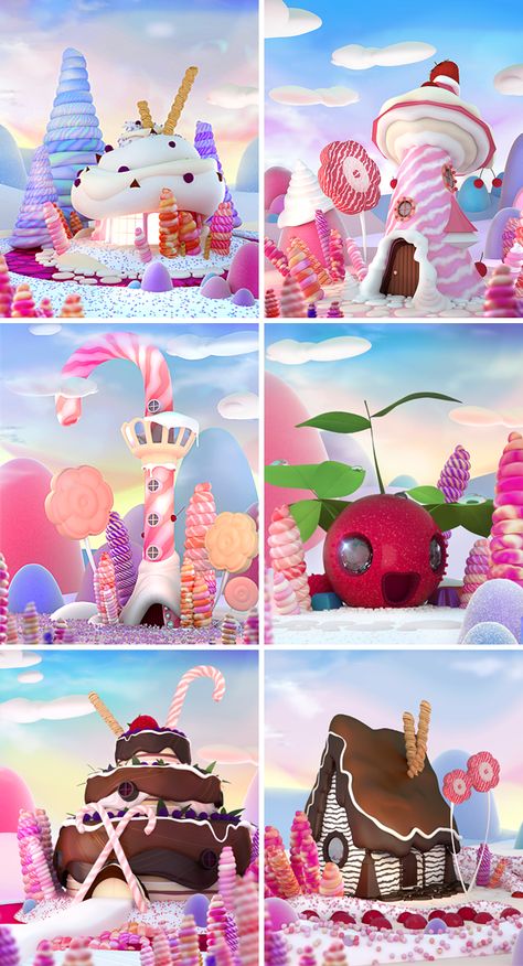 Candy houses on Behance Candy House Ideas, Candyland Aesthetic, Candy City, Candy Houses, Candy People, Candy World, Candy Castle, Candy House, Candy Art