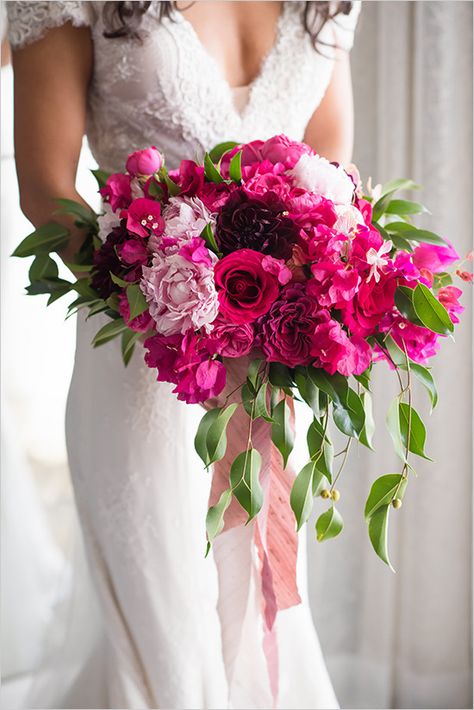 www.littlehillfloraldesigns.com Bright fuchsia bridal bouquet designed with peonies, garden roses, bougainvillea, dahlias, roses, orchids and foliage. Fuschia Wedding, Fuchsia Wedding, Hot Pink Weddings, Wedding Bouquets Pink, Gold Palette, Boda Mexicana, Pink Bride, Pink Wedding Flowers, Bouquet Design