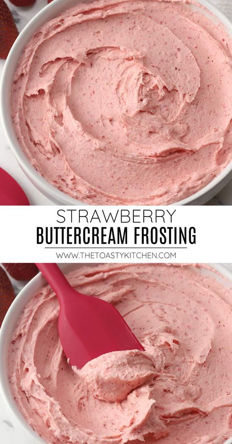 Strawberry buttercream frosting recipe by The Toasty Kitchen. Make strawberry buttercream frosting with real strawberries for a fresh strawberry flavor and natural pink color. This recipe can be made with fresh, frozen, or freeze-dried strawberries! #strawberryfrosting #strawberrybuttercream #buttercreamfrosting #strawberry #strawberries #dessert Homemade Strawberry Buttercream Frosting, Fresh Strawberry Cream Cheese Frosting, Strawberry Buttercream Frosting Easy, Homemade Strawberry Icing, Strawberry Icing Recipe, Homemade Strawberry Frosting, Heavy Cream Frosting, Fresh Strawberry Frosting, Baking Website