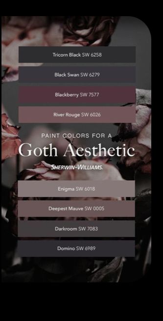 Dark And Moody Color Palette Home, Witchy Boho Color Palette, Colorful Goth Home Decor, Color Palette For Grey Walls, Witchy Home Paint Colors, Goth Room Painting Ideas, Moody Victorian Paint Colors, Soft Goth Autumn Bedroom, Mauve Gothic Bedroom