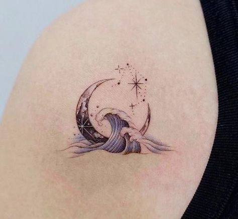 Moon And Tides Tattoo, Beach Moon Tattoo, Witchy Ocean Tattoo, Moon And Tide Tattoo, Moon And Beach Tattoo, Celestial Ocean Tattoo, Ocean And Sky Tattoo, Sun Moon Sea Tattoo, Moon Over Ocean Tattoo