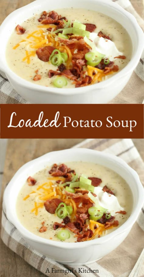 Creamy and delicious Loaded Baked Potato Soup is easy to make in your Dutch oven or slow cooker using simple ingredients. Top with crumbled bacon, sour cream, shredded cheese, and green onion for a very flavorful meal.  #potatosoup #souprecipes #slowcooker #crockpot #soup #loadedpotato Dutch Oven Potatoes, Dutch Oven Soup, Dutch Oven Meals, Homemade Potato Soup, Baked Potato Soup Recipe, Best Potato Soup, Oven Meals, Loaded Potato Soup, Loaded Baked Potato Soup