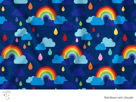 A cheerful pattern of vibrant rainbows, colourful raindrops, and fluffy clouds set against a deep blue background. A playful and bright design. ⭐ Available to license. ✂️ Available to purchase as fabric or wallpaper on Spoonflower or fabric on Cloth Cuts. Deep Blue Background, Bright Design, Fluffy Clouds, Bright Designs, Rain Drops, Blue Background, Blue Backgrounds, Deep Blue, Rainbow