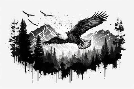 Premium AI Image | Majestic Eagle Soaring Over Mountain Range Vintage Tshirt Design Bird Mountain Tattoo, Eagle With Mountains Tattoo, Mountain Eagle Tattoo, Eagle And Mountain Tattoo, Eagle Soaring Tattoo, Eagle Mountain Tattoo, Soaring Eagle Tattoo, Flying Eagle Tattoo, Eagle Tattoo For Women