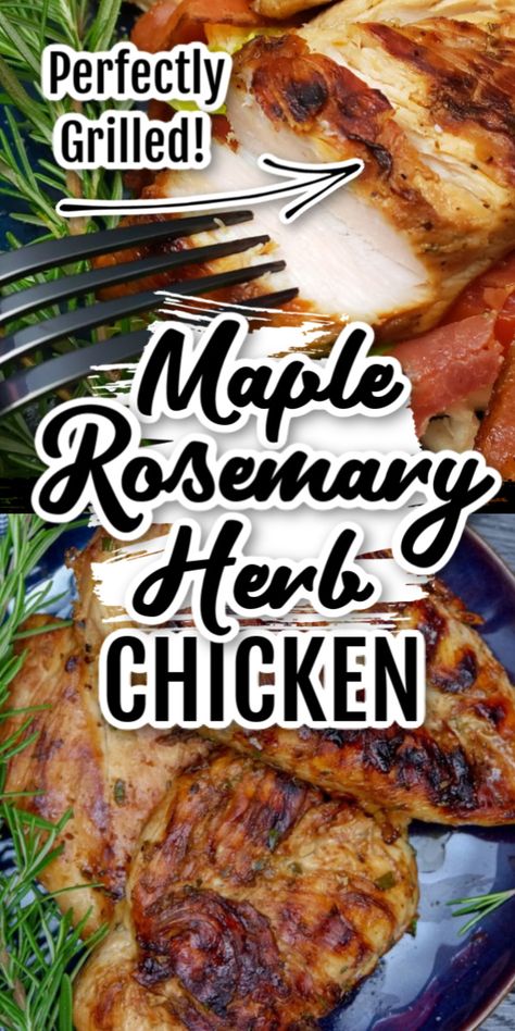 Enjoy a sweet (but not too sweet) and savory Maple Rosemary and Garlic Herb Grilled Chicken any time of the year. This flavorful marinade is so versatile and will pair any sides or you can have it as a scrumptious chicken burger! easychickenrecipe #easydinner #chicken #chickenburger #grilledchicken #maplechicken #rosemarychicken # #easychickendinner #grilledrecipe #grilled #bbq #summerrecipe #summerbbq #rosemary #burgers #chickenburgers #grilledchickenburgers #easybbq Maple Rosemary Chicken, Chicken And Rosemary Recipes, Rosemary Chicken Marinade, Maple Chicken, Rosemary Recipes, Grilling Menu, Rosemary Chicken, Easy Chicken Dinner Recipes, Grilled Chicken Recipes