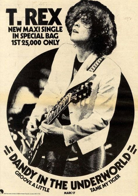 Marc Bolan/T.Rex Dandy In The Underworld Promo Poster (1977) Marc Bolan Poster, T Rex Poster Band, T Rex Marc Bolan, 60s Band Posters, 70s Rock Posters, T Rex Aesthetic, 70s Band Posters, T Rex Poster, T Rex Band