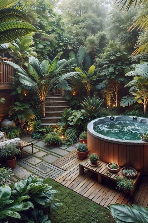 Tropical Hot Tub Ideas, Nature Spa Design, Hot Tub In Garden, Hot Tub Ideas Backyard Patio, Tropical Oasis Backyard, Backyard Oasis Landscaping, Tropical Hot Tub, Hot Tub Garden Ideas, Outdoor Spa Ideas